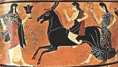Dioniso conduz Hefesto ao Olimpo (Pintor de Cleofonte, 430-420 a.C.). Vaso de figuras vermelhas, Toledo Museum of Art.