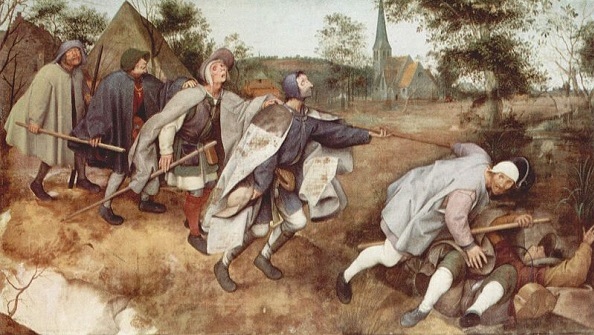 Parábola dos cegos”, este quadro de Peter Bruegel (1530-1569)retrata-nos o modo de caminhar em grupo dos cegos, com seus agasalhos e bengalas.