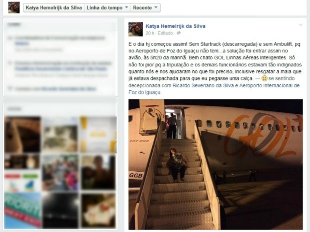 Katya postou na internet a foto em que aparece sentada na escada da aeronave e fala sobre a dificuldade para embarcar (Foto: Reprodução / Internet)