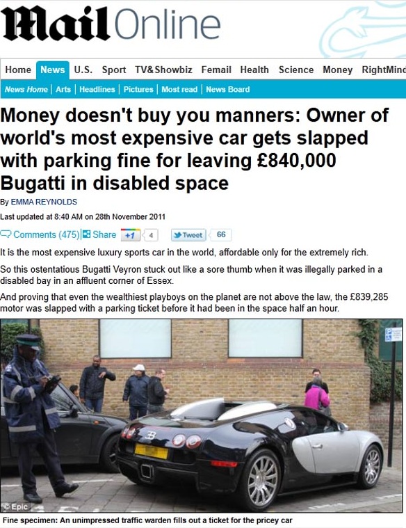 Dono de um Bugatti Veyron foi multado após parar em uma vaga destinada para deficientes.