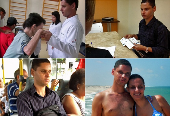 Edson de Souza durante estágio da faculdade de fisioterapia, retirando seus convites da formatura, dentro de um ônibus em São Paulo e em viagem com a esposa ao Ceará (Foto: Ana Carolina Moreno/G1/Arquivo pessoal)