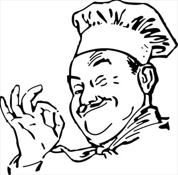 Contorno em preto de pescoço e rosto de um chef de cozinha em fundo branco. No pescoço, há um lenço, também contornado em preto amarrado. Na cabeça, um chapéu de cozinheiro e, debaixo de seu bigodinho, traz um leve sorriso. Do lado esquerdo está a mão do chef fazendo o sinal de “ok”.