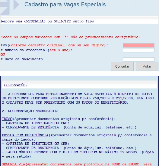 Informações para cadastro de vaga preferencial.