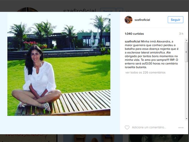O ator Luciano Szafir postou mensagem lamentando a morte da irmã (Foto: Reprodução/Instagram/Alexandra Szafir)